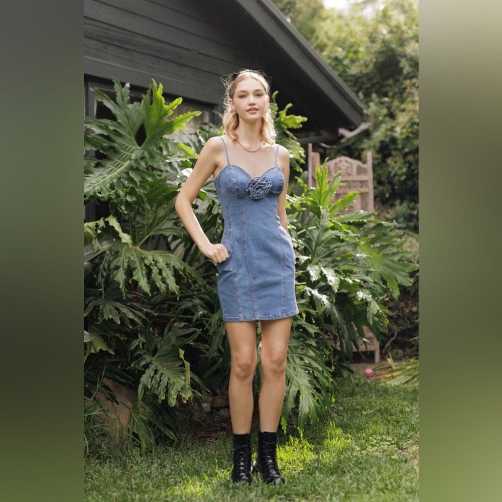 Spaghetti Strap Rosette Denim Mini Dress - EB Luxe